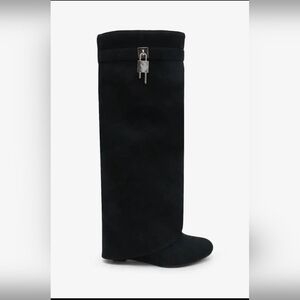 Black Faux Suede Wedge Shark Boot
